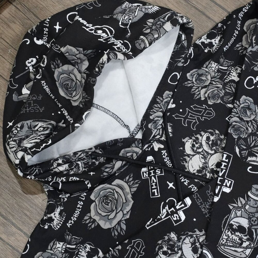 A$$holes Live Forever ✦ Skull & Rose Zip Hoodie ✦ Black Unisex Streetwear Goth S - Picture 5 of 11